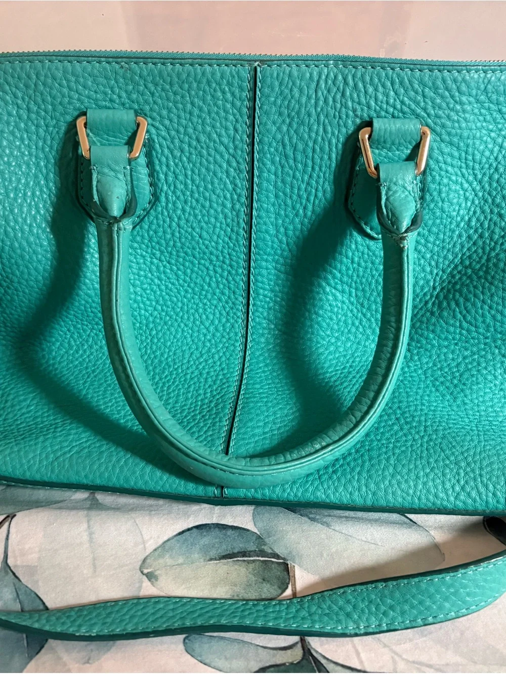Cole Haan Turquoise Pebble Leather Satchel with Gold Hardware